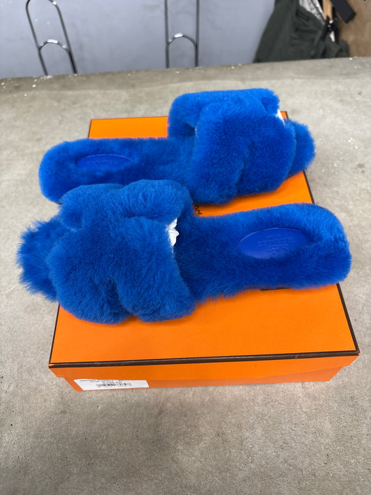 Hermes Shearling Royal Blue Oran Slides - 40(7)**