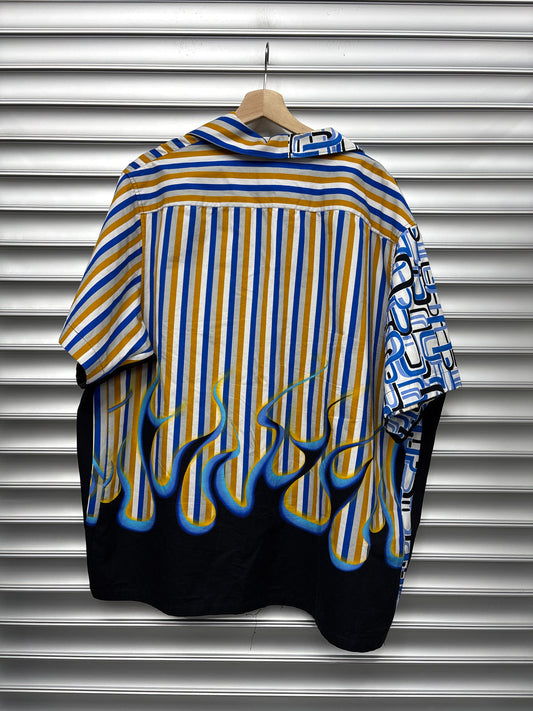 Prada Bowling Blue/Yellow Flame Button Up - XXXL