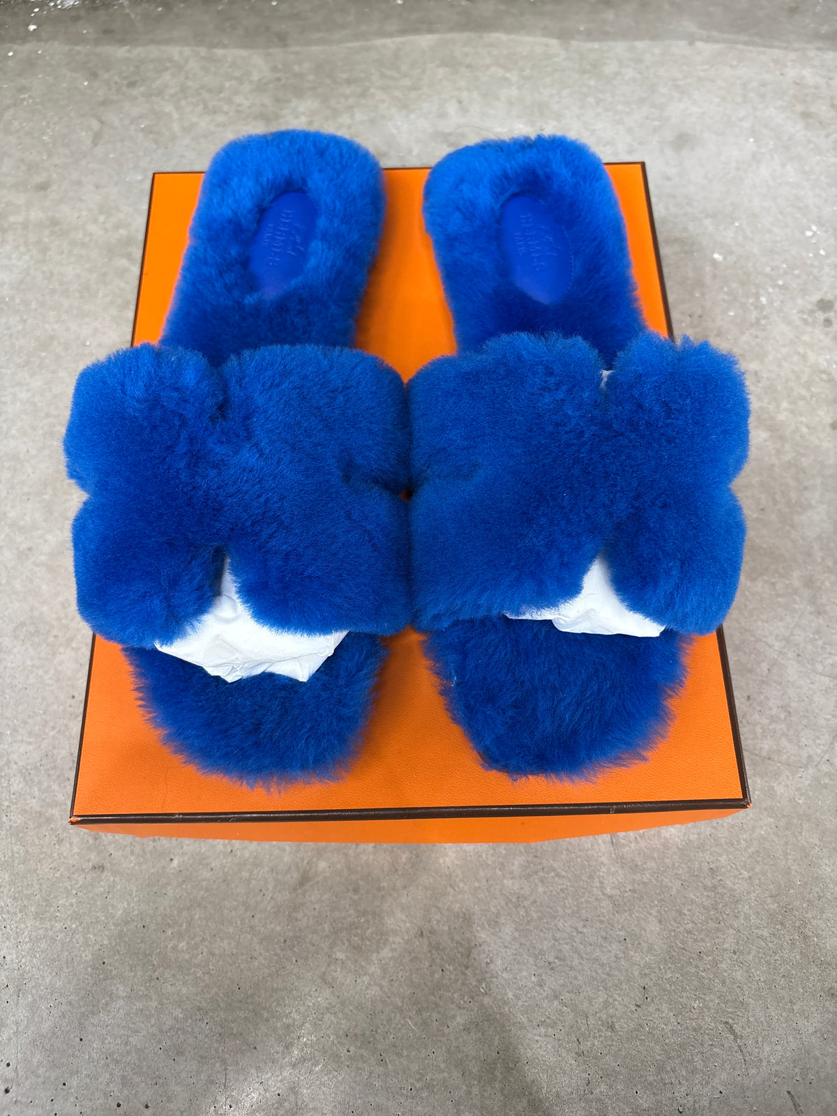Hermes Shearling Royal Blue Oran Slides - 40(7)**