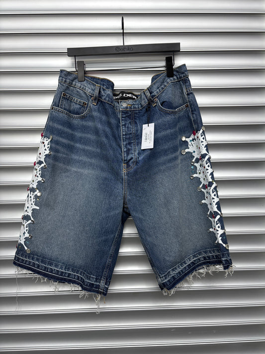 Spider Light Wash Rhinestone Shorts - 38