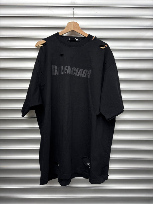 Balenciaga Black Logo Distressed Tee - M**