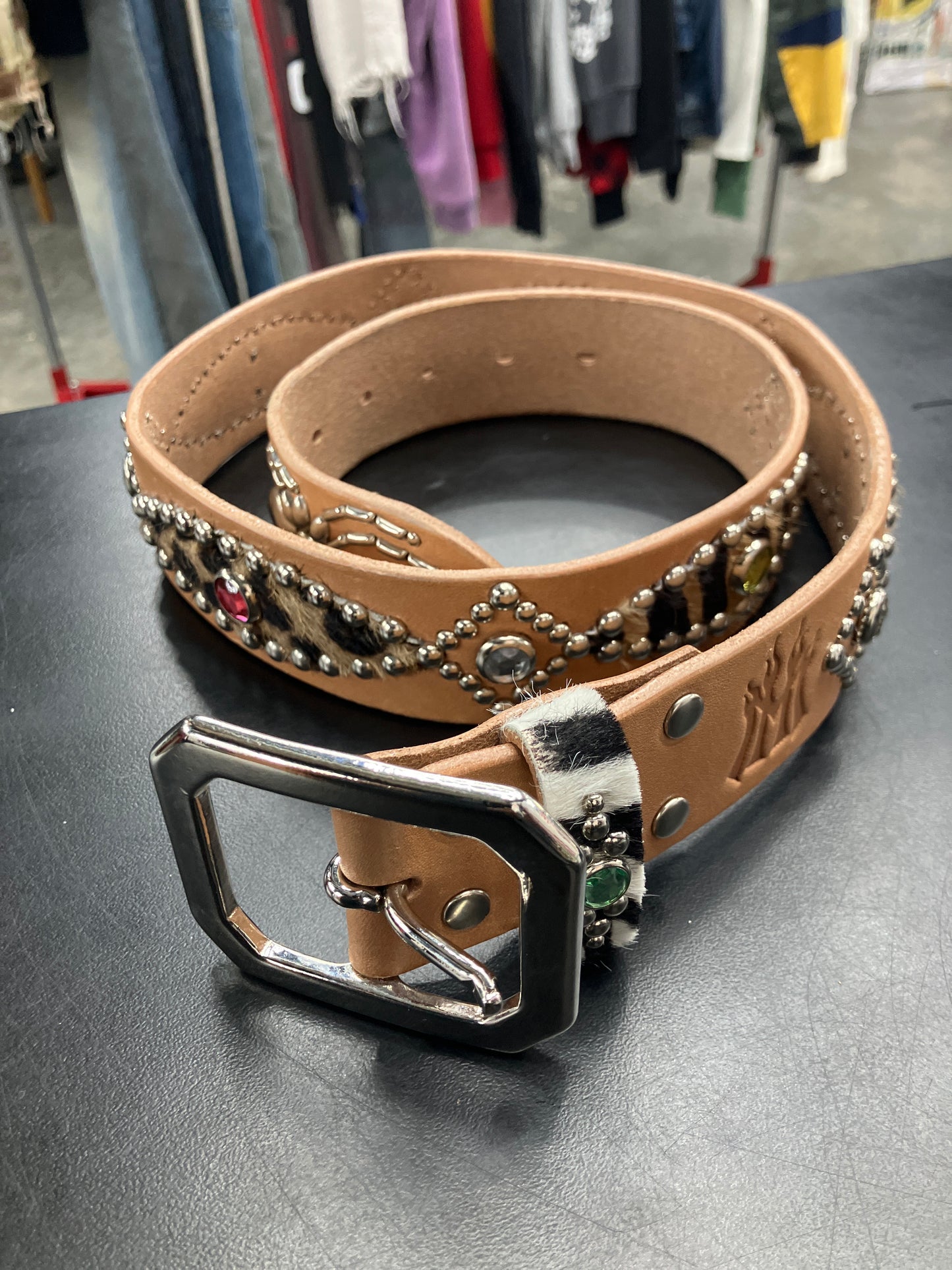 Mannahatta Tan Animal Print Studded Belt - 32