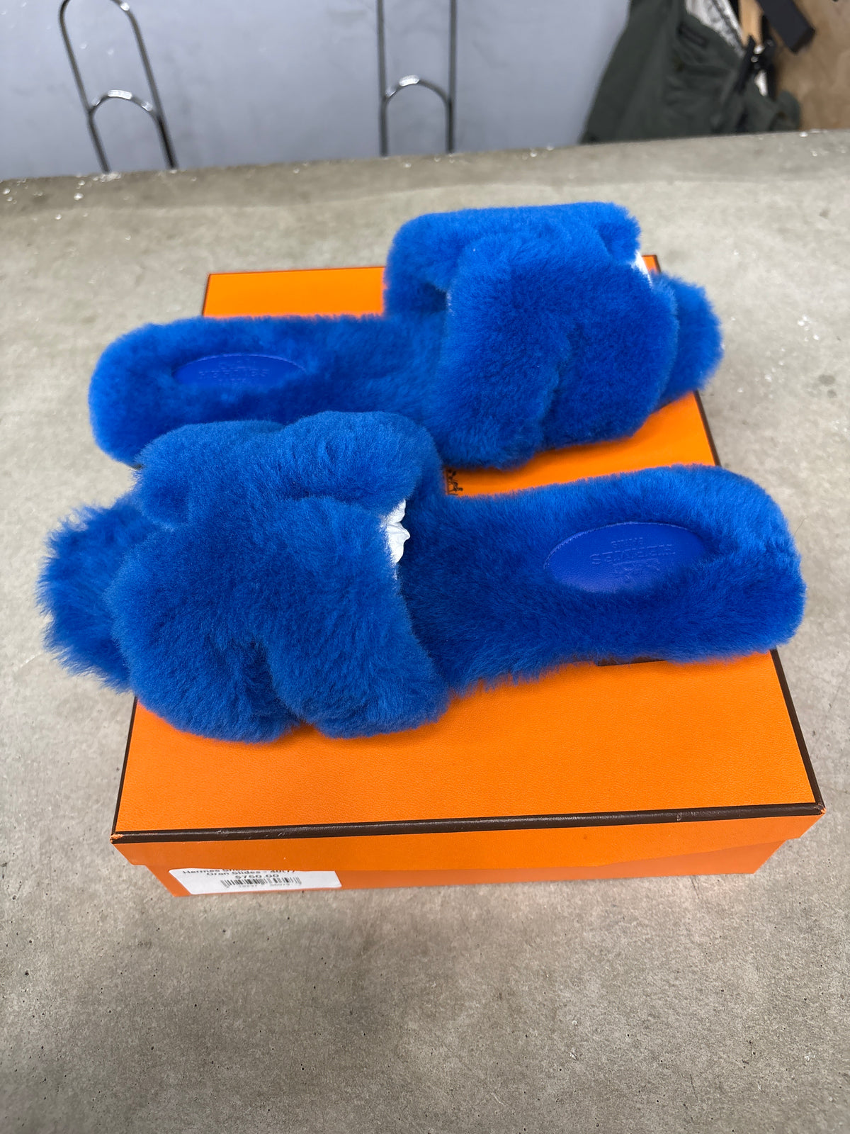 Hermes Shearling Royal Blue Oran Slides - 40(7)**
