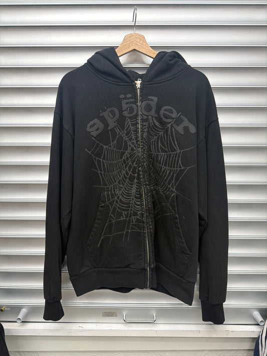 Spider Black Web Zip Up Hoodie - L