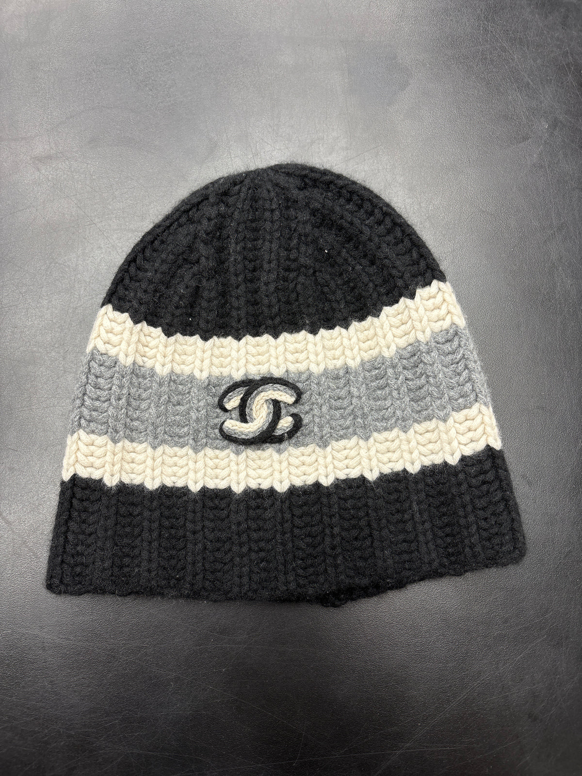 Chanel Knit Grey/Black/White Stripe Beanie**