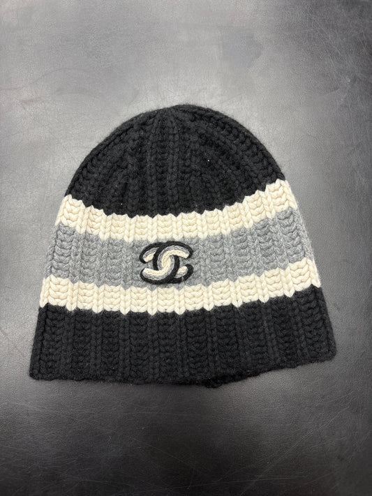 Chanel Knit Grey/Black/White Stripe Beanie**