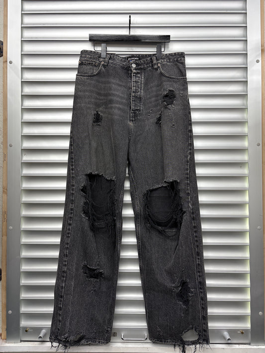 Balenciaga Charcoal Wash Distressed Baggy Denim - M**