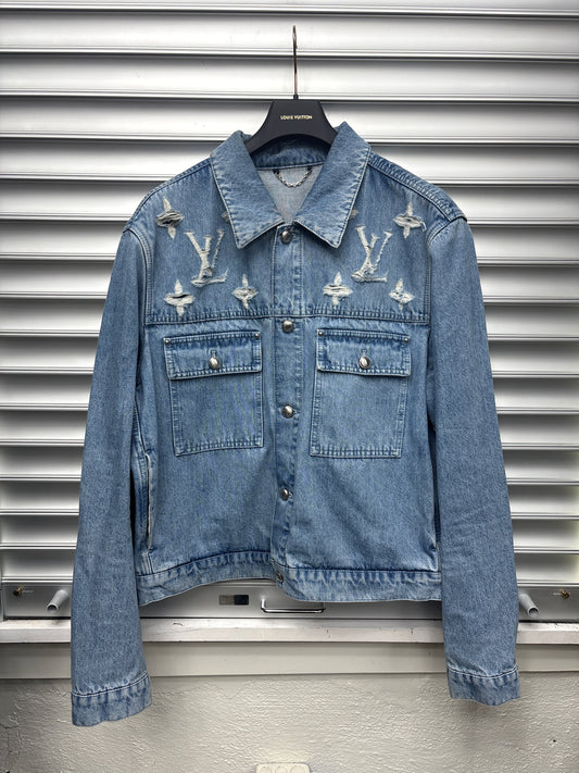Louis Vuitton Frayed Monogram Denim Trucker Jacket - 56**
