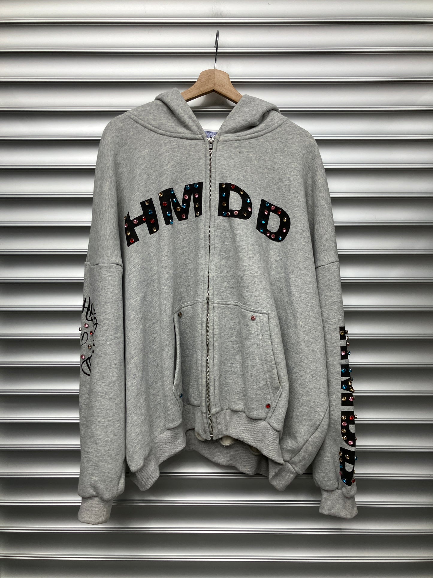 HMDD Rhinestone Grey Zip Up Hoodie - XL