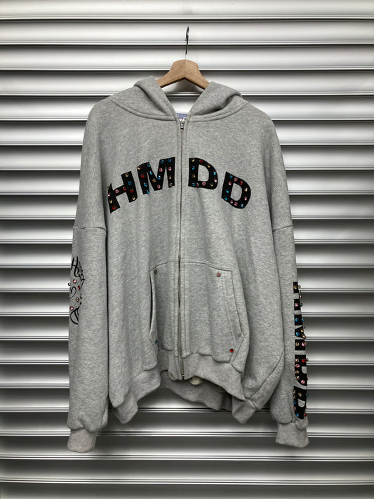 HMDD Rhinestone Grey Zip Up Hoodie - XL