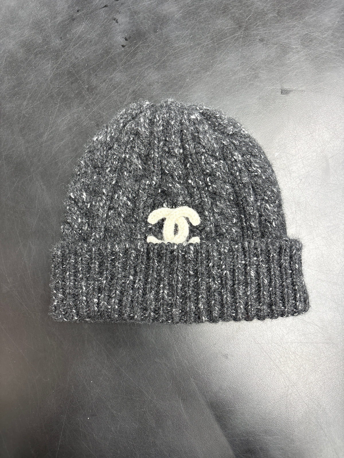 Chanel Grey/Creme Knit Beanie**