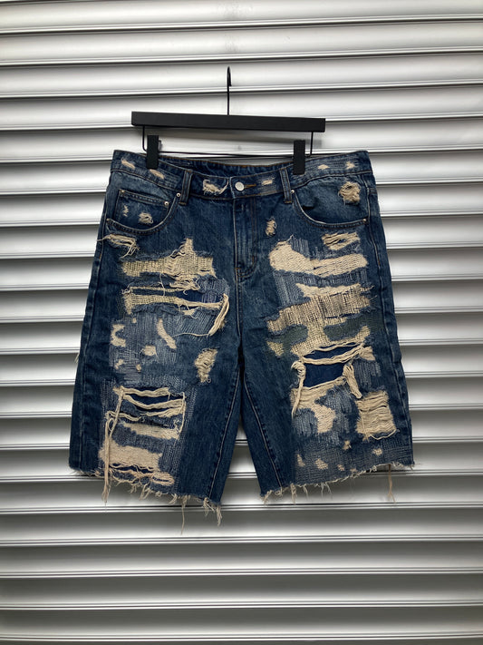 Handmade Distressed Boro Denim Shorts - 36