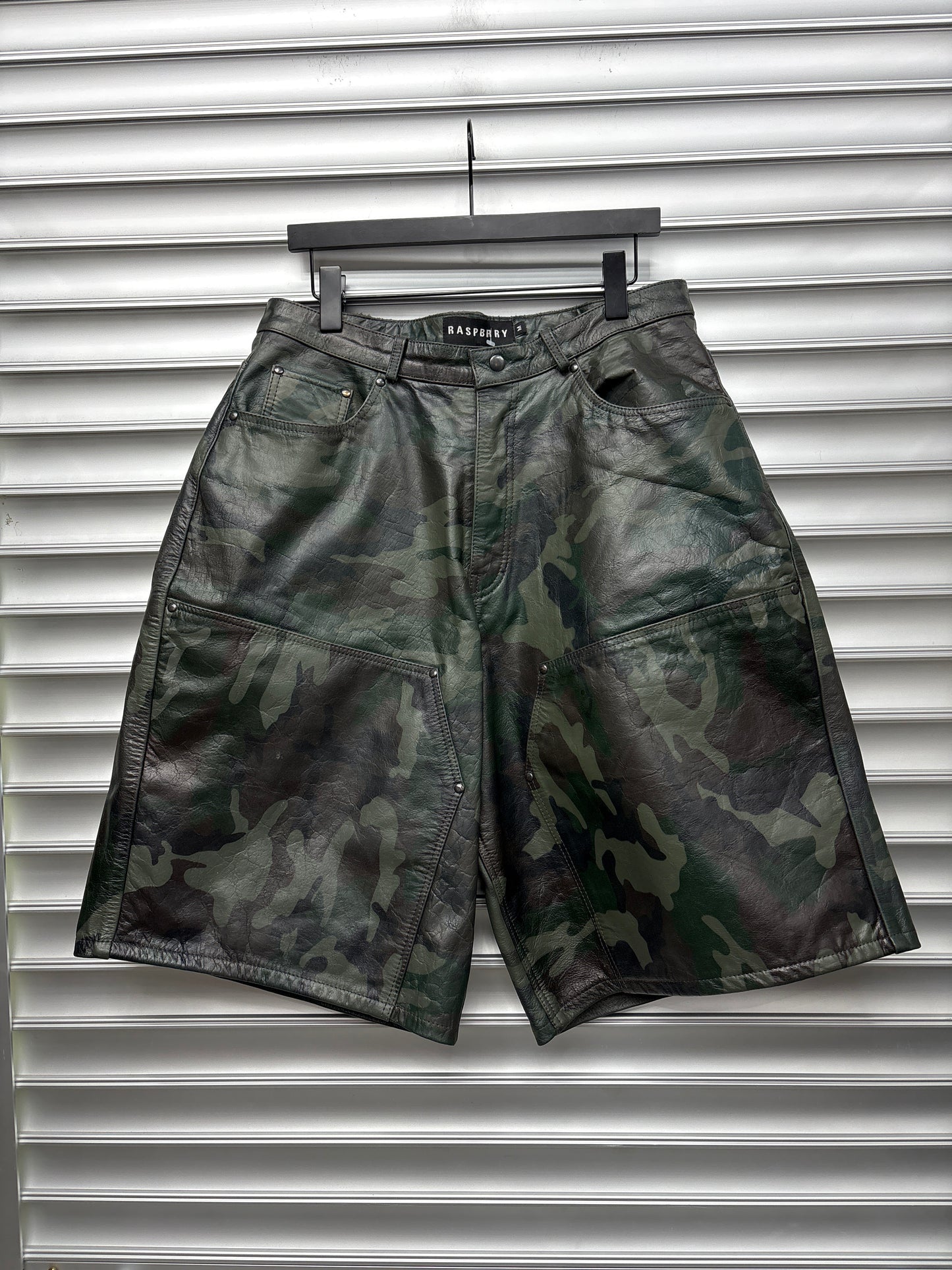 Raspberry Hills Camo Double Knee Leather Shorts - M