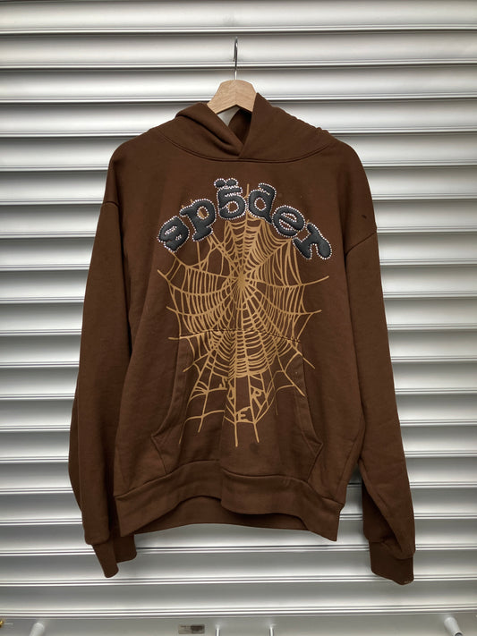Spider Brown Web Rhinestone Hoodie - M