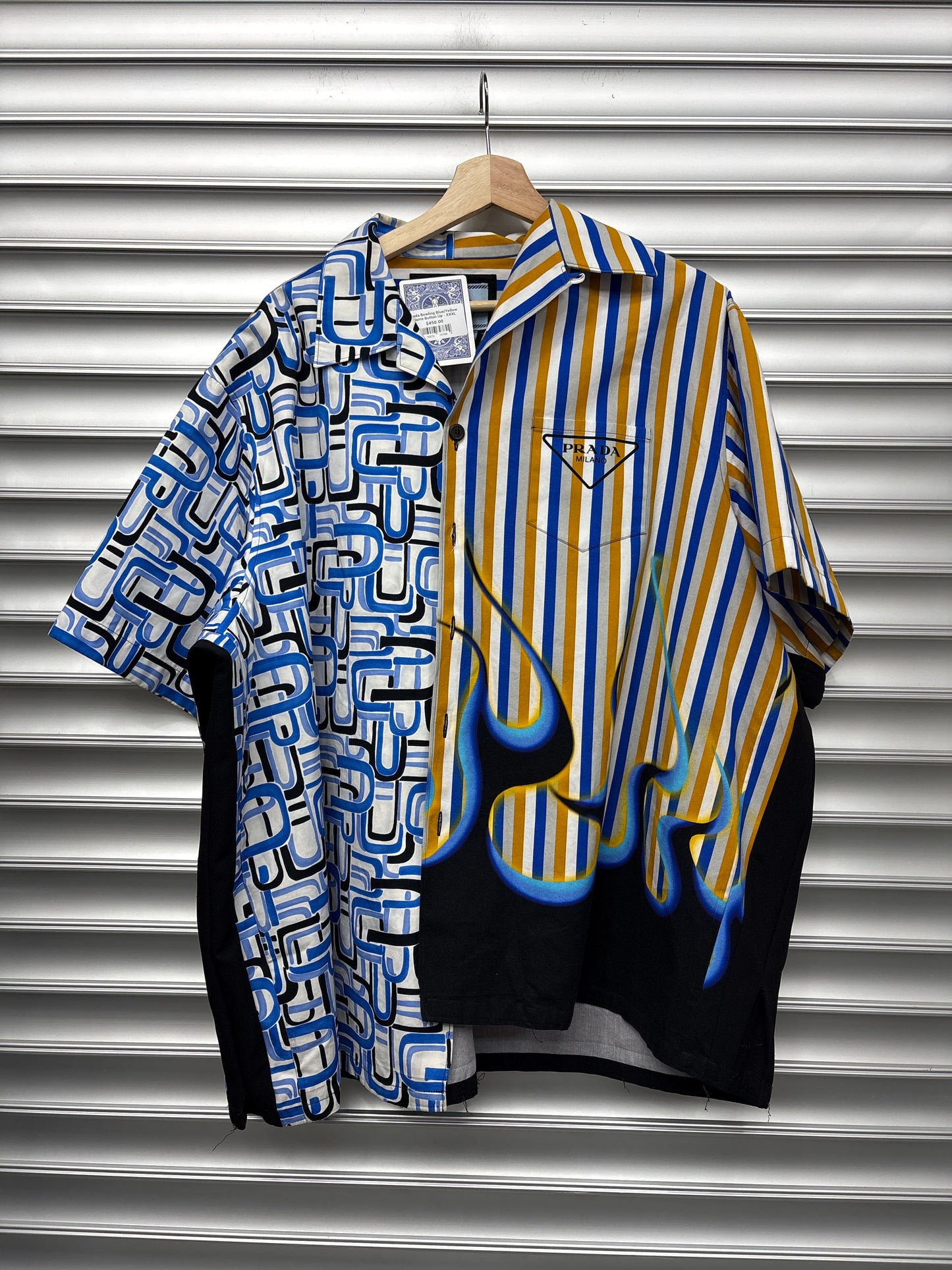 Prada Bowling Blue/Yellow Flame Button Up - XXXL