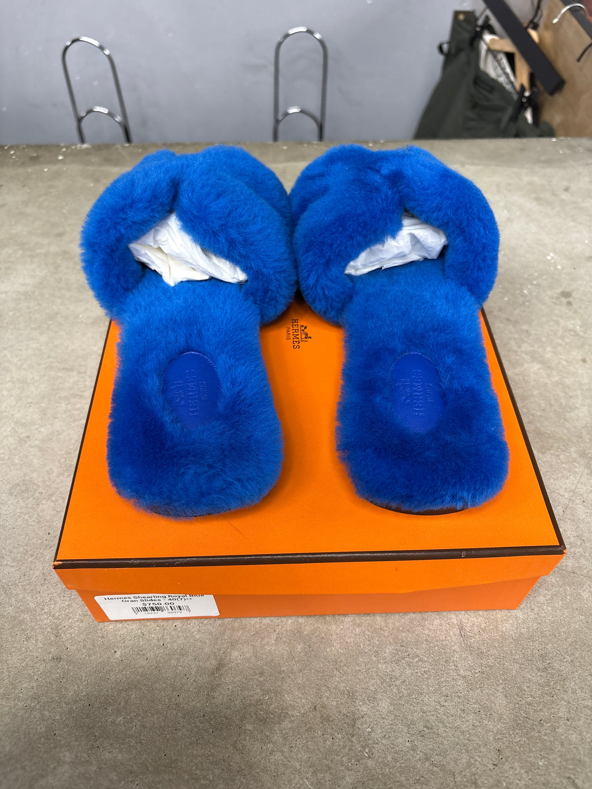 Hermes Shearling Royal Blue Oran Slides - 40(7)**