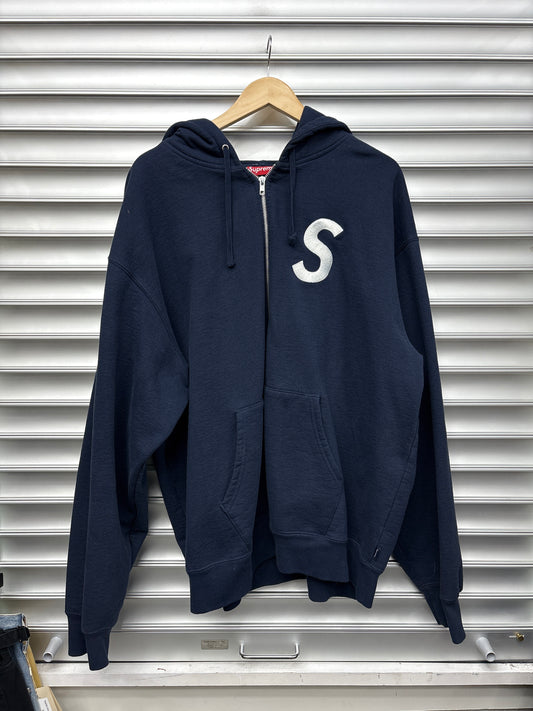 Supreme S Logo Navy Zip Up Hoodie - L