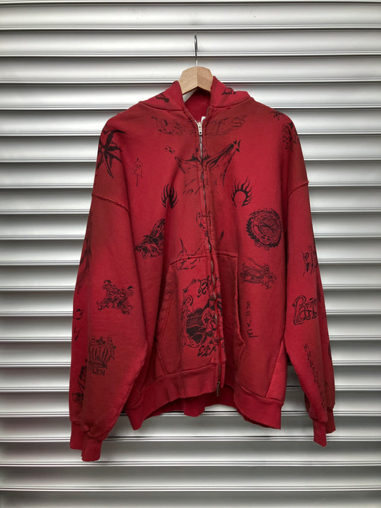 Balenciaga Red Tattoo Zip Up Hoodie - M
