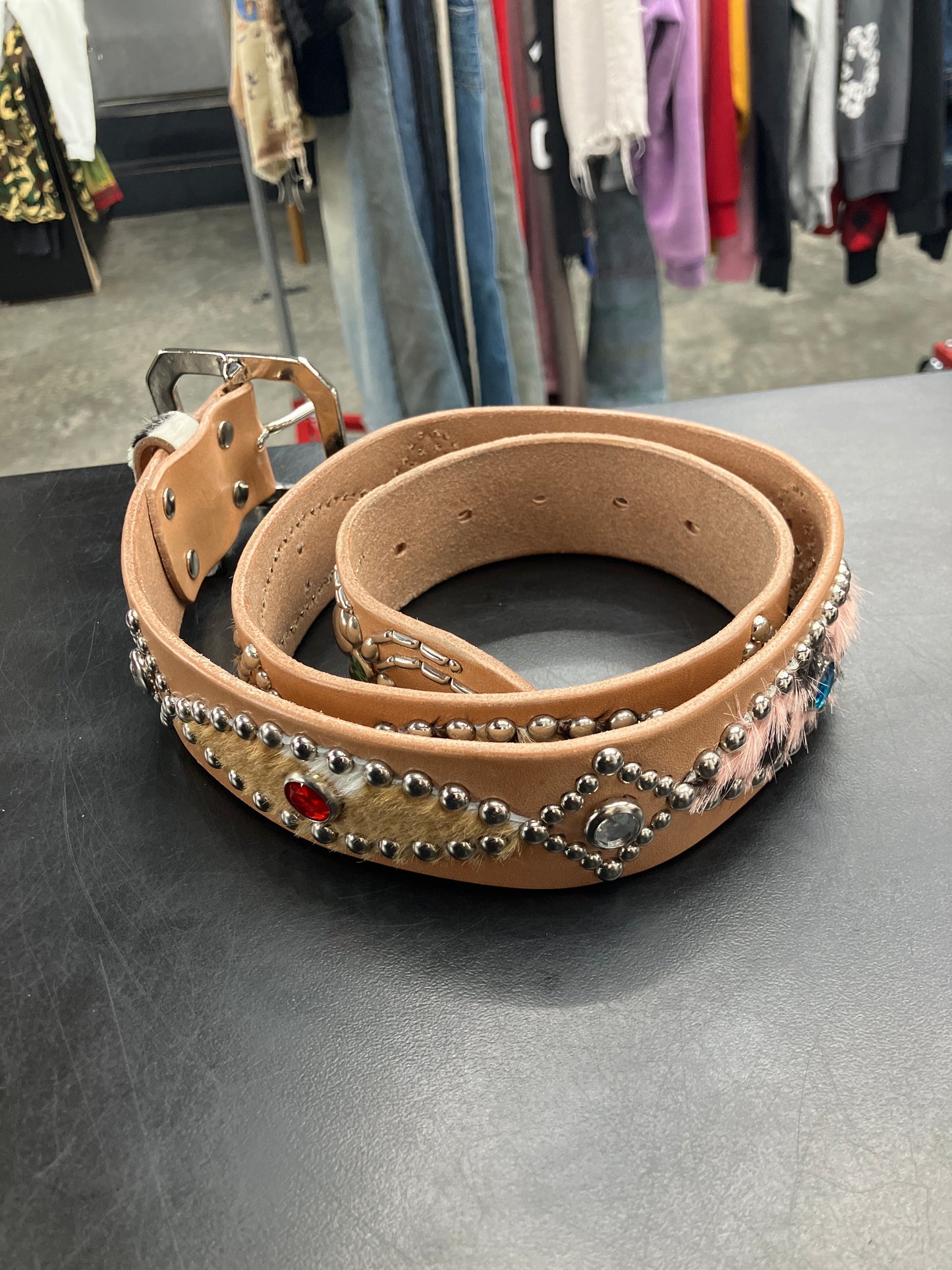 Mannahatta Tan Animal Print Studded Belt - 32
