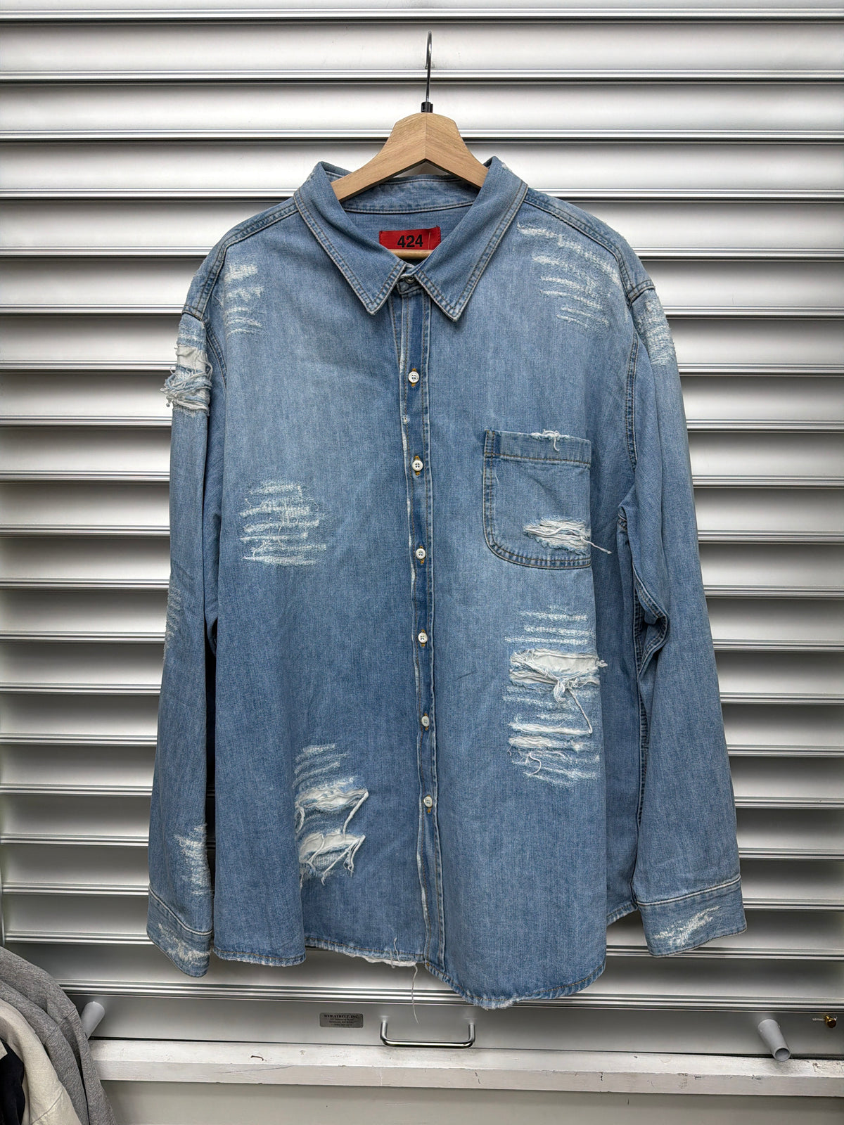 424 Distressed Denim Button Up - L**