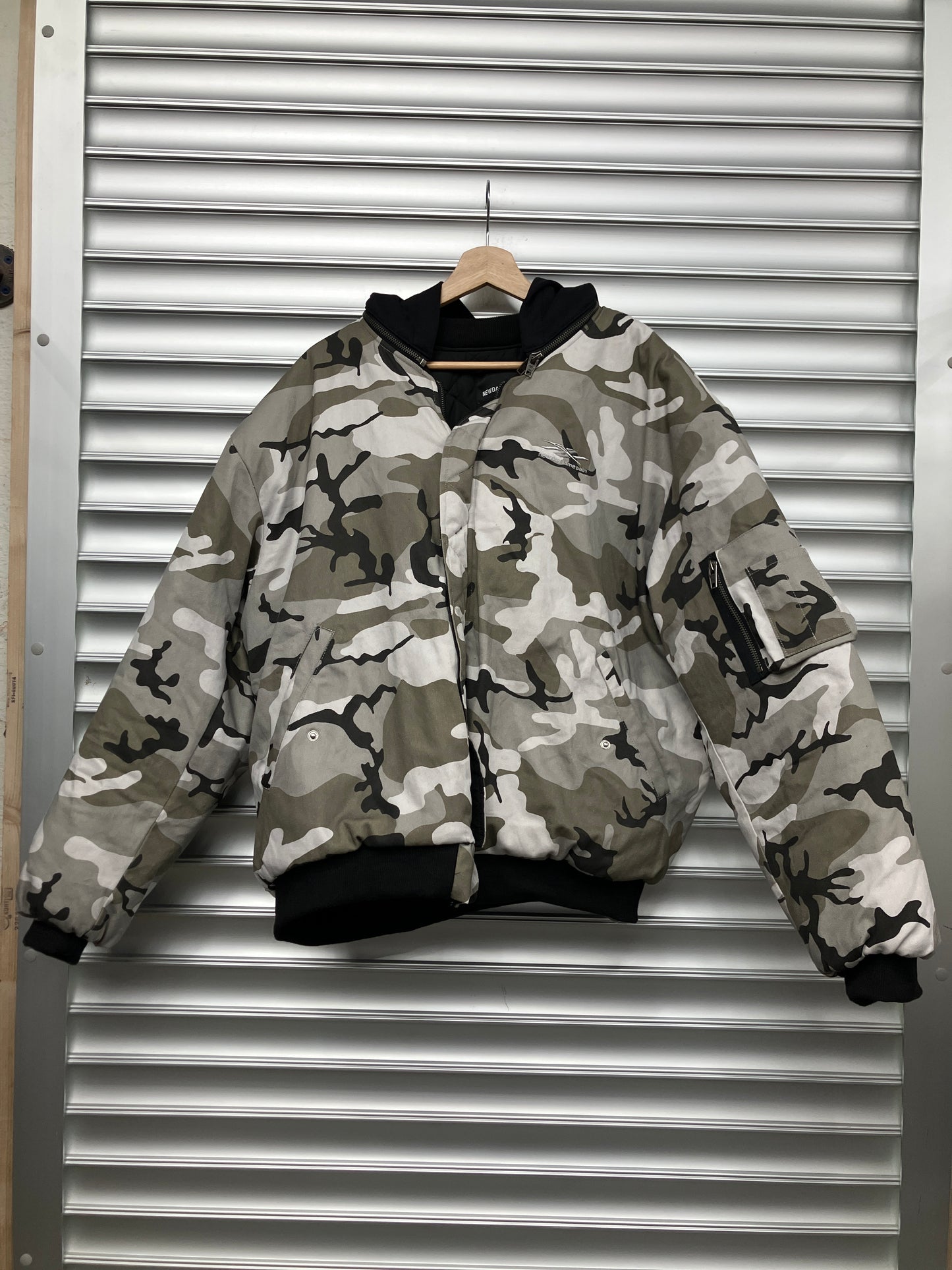 New Day Same Pain Snow Camo Bomber Jacket - L