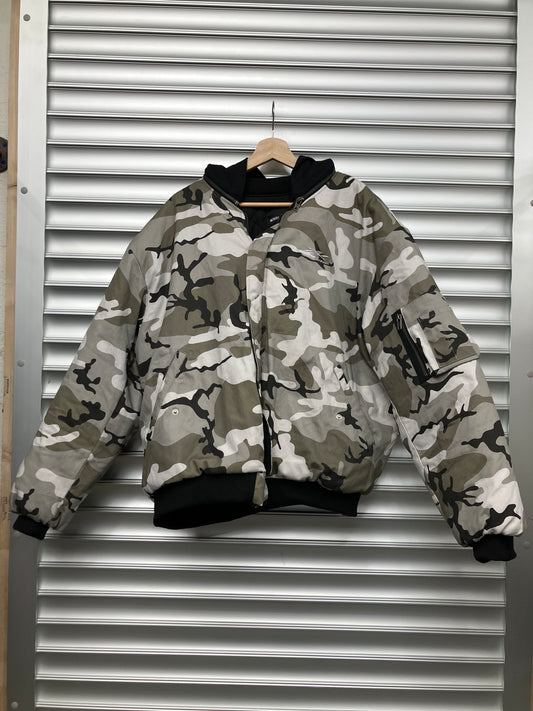 New Day Same Pain Snow Camo Bomber Jacket - L